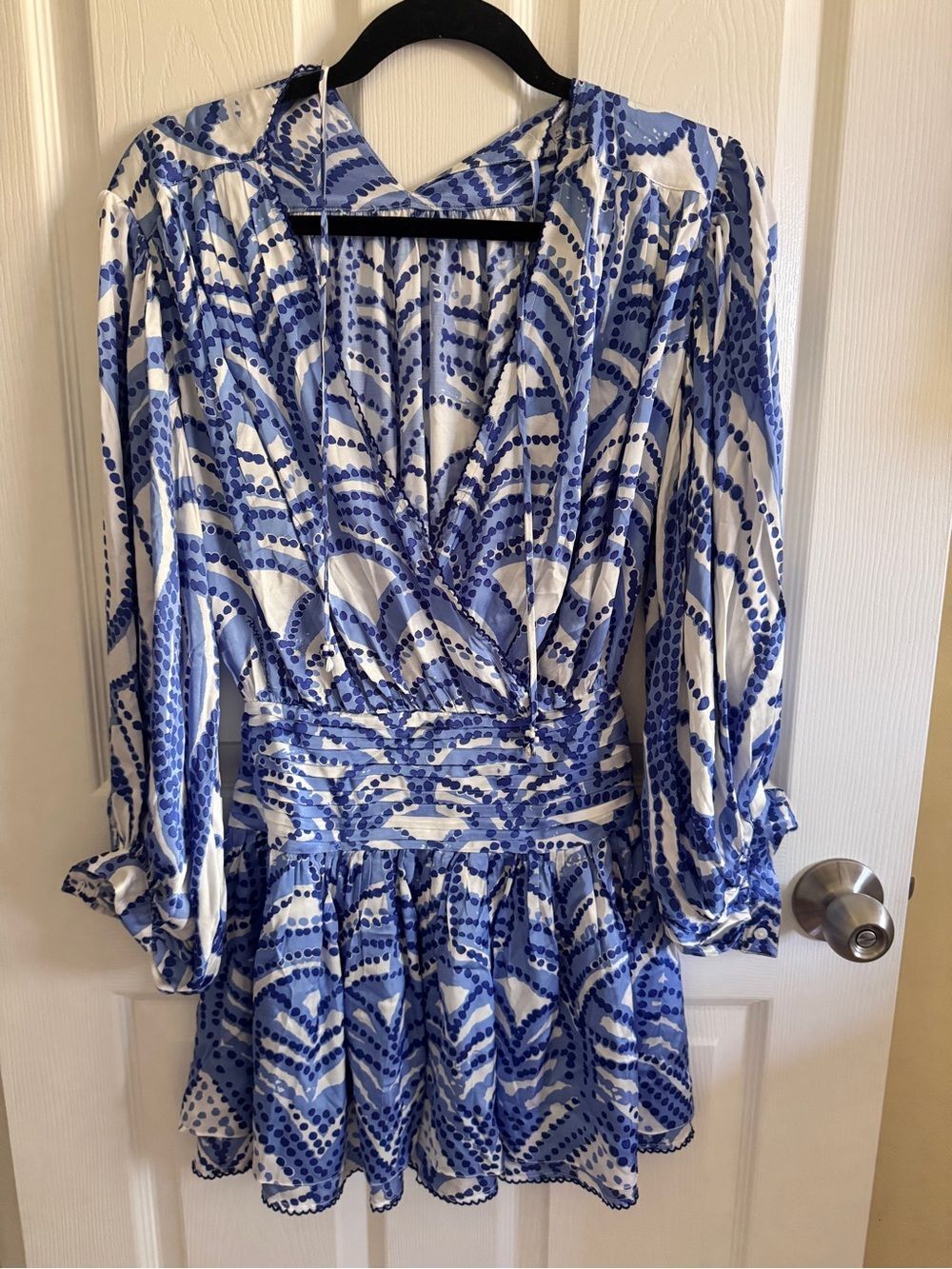 Poupette St. Barth Blue and White Long-Sleeve Wrap Mini Dress NWT